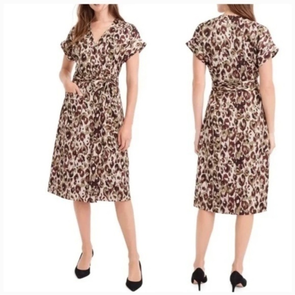 NWOT J.Crew Wrap Dress Leopard Print Satin Crepe Midi Dress Size Small